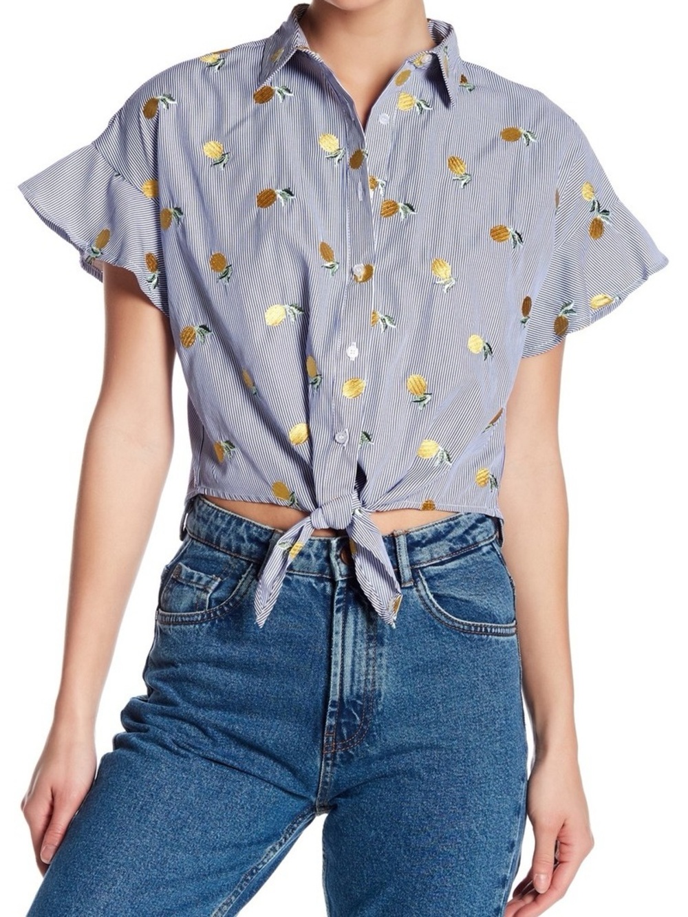 love, Fire Blue Stripe Tie-Front Button Down with Yellow Floral Embroidery